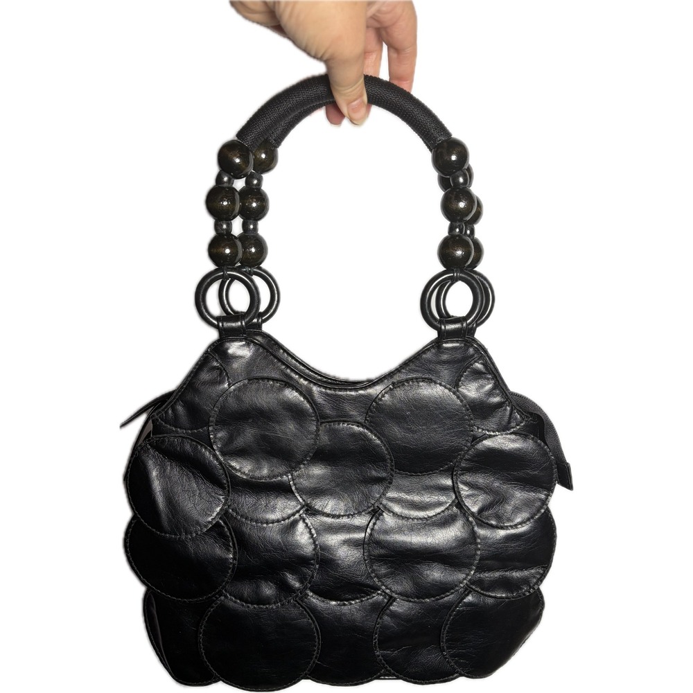 Vintage Y2K Black Circle Scale Hobo Bag Wooden Bead Handle Boho Purse